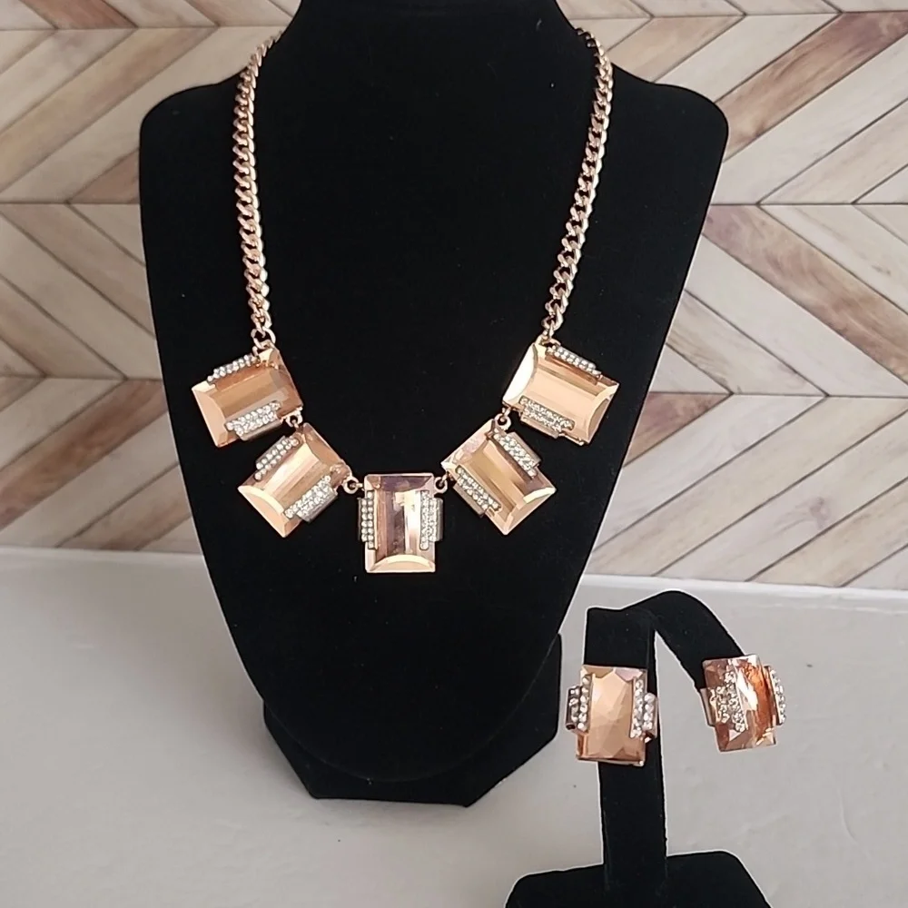 Rose Gold Crystal Pendants Necklace and Matching Earrings Set